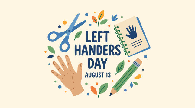 Left Handers Day conceptual illustration with scissors pencil notebook and hand on cream background.