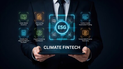 Fototapeta premium Businessman holding a tablet showing digital esg and climate fintech data icons