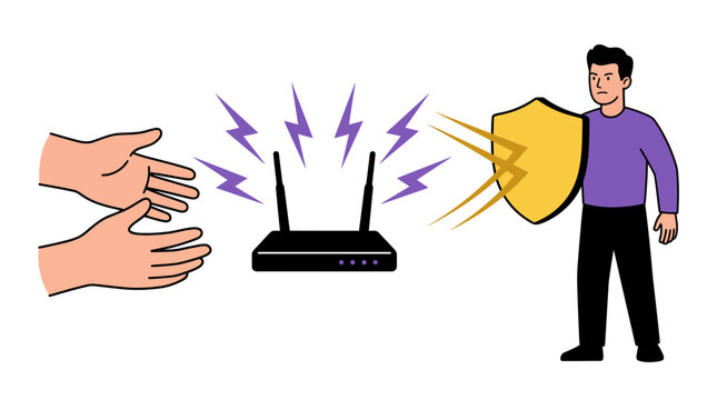 Man using shield to block wifi signals from router cartoon illustration.