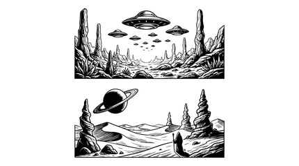 Alien UFOs Over Strange Alien Landscape with Saturn © kampus