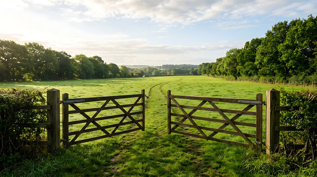 Beautiful open wooden farm gate leading into a lush green grass meadow field