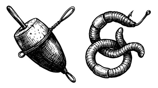 Fishing float and worm on hook, vintage sketch illustration