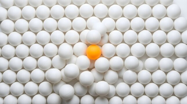 A single orange ping pong ball standing out among many white balls on a table