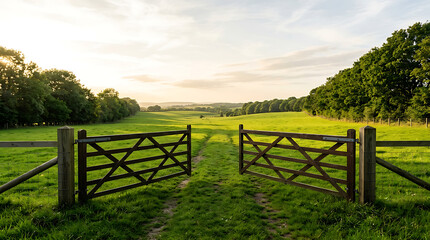 Fototapeta premium Open Wooden Farm Gate Leading into a Lush Green Grass Field in the Rural Countryside at Sunset