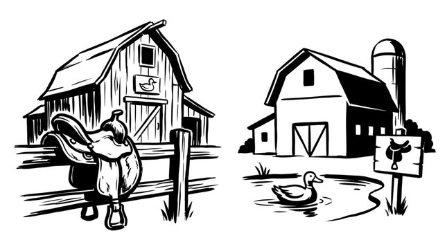 Farm Barns, Saddle, Duck Pond, Rustic Countryside Illustration