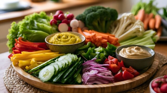 A colorful platter of raw vegetables with dips is displayed in a cozy rustic kitchen setting