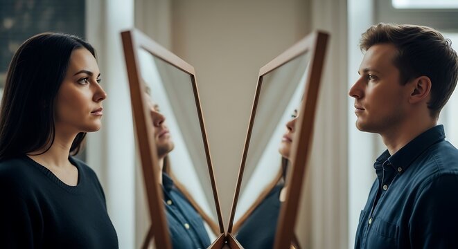 Man and woman looking at their reflections in angled mirrors indoors