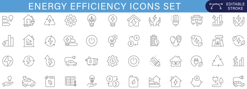 Energy Efficiency Icons Set Collection with Renewable Energy Sustainability Green Technology Electric Vehicle Power Saving Eco Management Smart Grid Outline Vector Editable Stroke