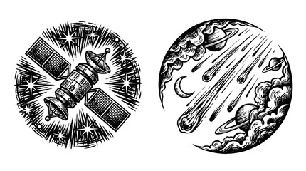 Satellite in Orbit & Meteor Shower Over Planets Illustration © kampus
