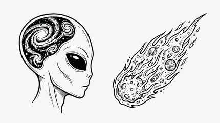 Alien Head with Galaxy Brain and Fiery Meteorite © kampus