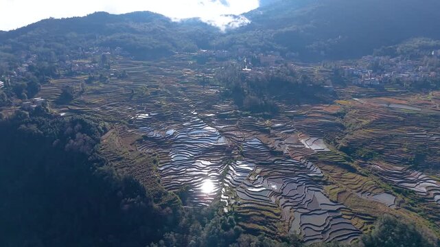 Aerial view of the terraced fields in Yuanyang, Yunnan Province