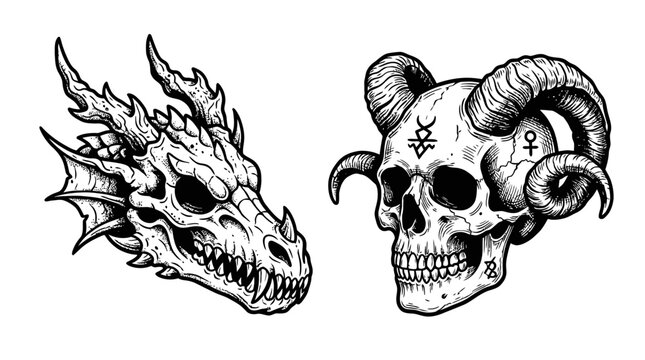 Dragon Skull and Demonic Skull with Symbols