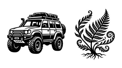 Off-road vehicle and fern illustration, vector art © kampus
