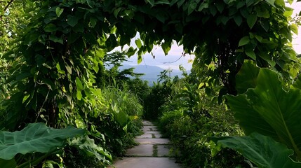 Fototapeta premium A serene tropical jungle path winds through lush vines with distant mountains creating a tranquil and peaceful atmosphere