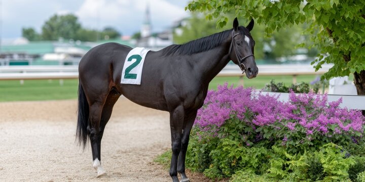 a black racehorse with the number 2 on its saddle stands in front of piazza del toro park