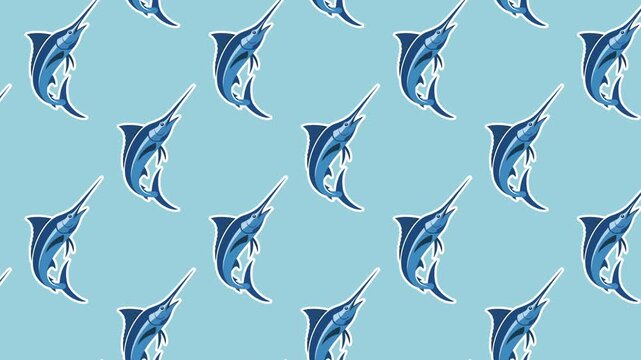 A seamless pattern of blue marlins swimming on a light blue background