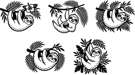 Fototapeta premium Sloth hanging from palm branches in black and white