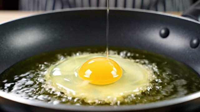 Chef pouring oil into pan for frying egg breakfast preparation