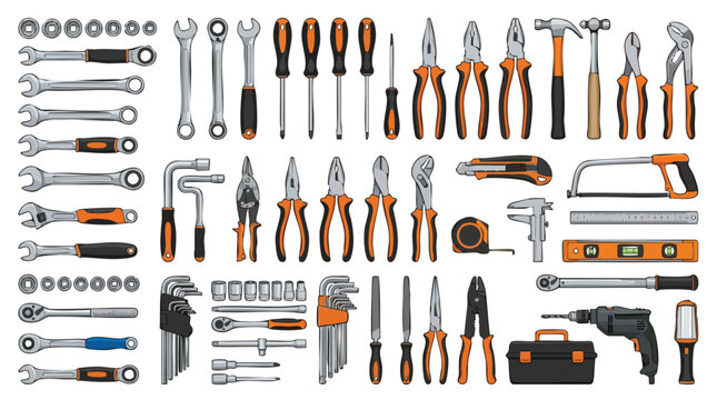 A collection of various hand tools and equipment arranged in rows on a white background.