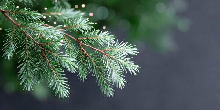 closeup of green pine tree branches with small lights, dark background