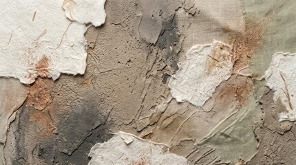 Fototapeta premium A textured, abstract wall with patches of beige, brown, and white paint, with a mix of organic and geometric shapes, creating a sense of depth and texture.