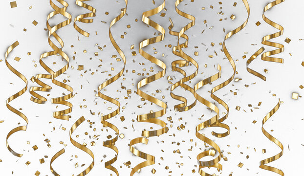 Luxury Metallic Gold Hanging Rain Streams and Splatters on White Background