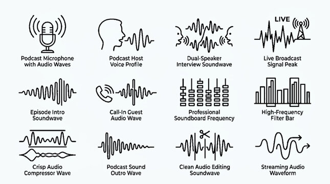Podcast and Audio Waveform Icon Set for Sound Engineering and Digital Broadcasting.