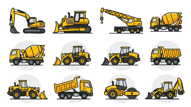 Collection of various yellow construction vehicles on a white background