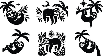 Fototapeta premium Sloth vector silhouettes in tropical jungle with palm trees and sun scenes