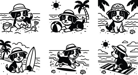 Fototapeta premium Beach puppy collection with sun hats playing on sand and surf cheerful