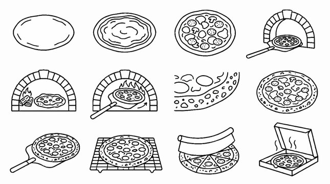 Hand drawn pizza making process icons set showing dough preparation baking in oven and delivery box.