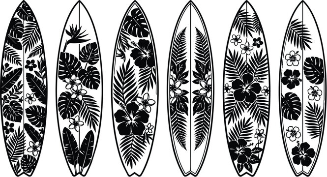 Tropical leaf pattern on vintage surfboards in black and white lineup
