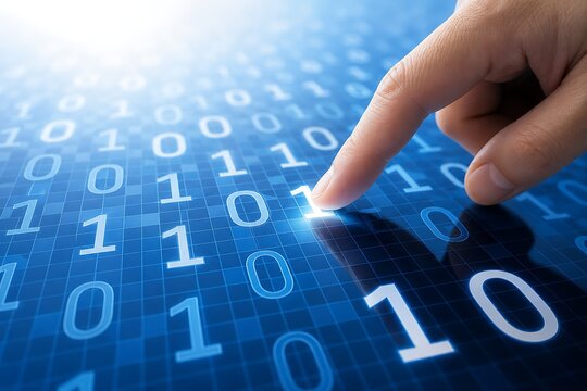 Finger touching binary code on digital blue background, technology concept