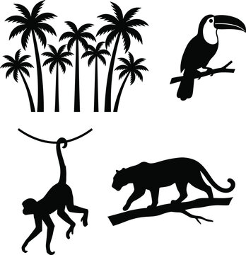  Tropical Jungle Silhouettes Featuring Palm Trees, Toucan, Monkey, and Panther