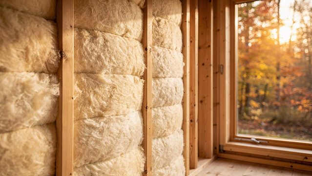 Natural Sheep Wool Insulation Installed Inside Sustainable Timber Frame Construction, Soft Autumn Light, Eco-Friendly Material and Green Building Detail