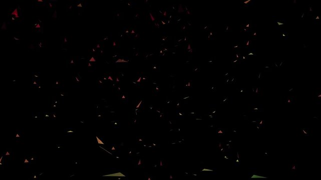 Abstract animation featuring colorful geometric particles floating and scattering across a dark background. Modern dynamic motion design suitable for technology