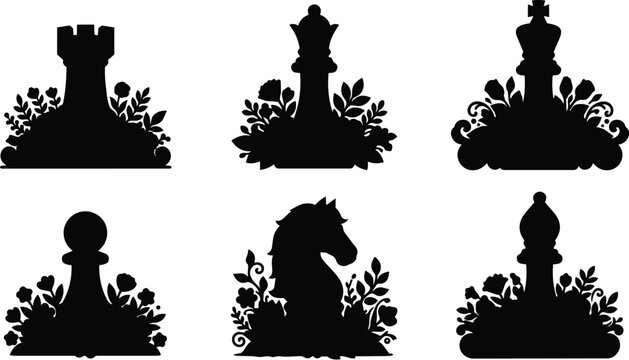 floral silhouette chess pieces set with botanical bases for vector design