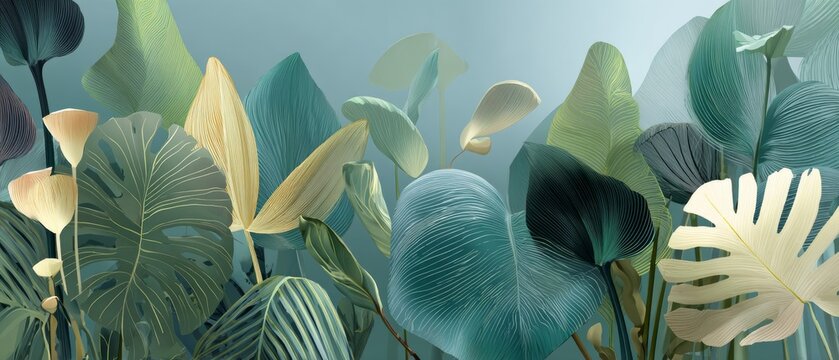 Tropical leaves composition with soft pastel colors and natural light