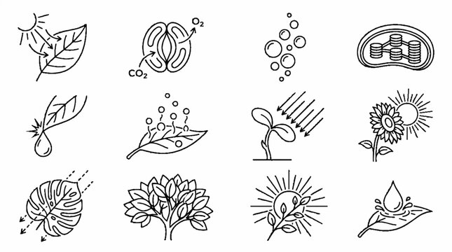 Photosynthesis process line icons set showing plant biology and energy conversion.