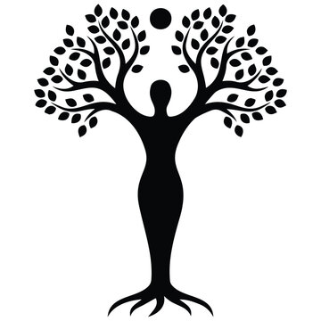 Goddess tree of life silhouette illustration showing woman growing roots and leaf branches.