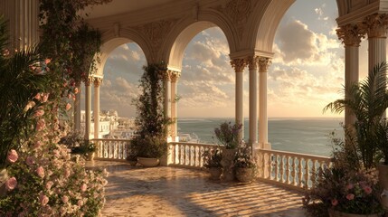 Fototapeta premium Elegant Mediterranean Terrace Overlooking the Ocean at Sunset