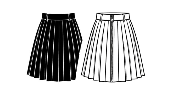 Minimal black silhouette icon, simple flat vector, bold black shape, no, no shading fashion illustration of a pleated skirt with a front zipper closure on a, flat icon style