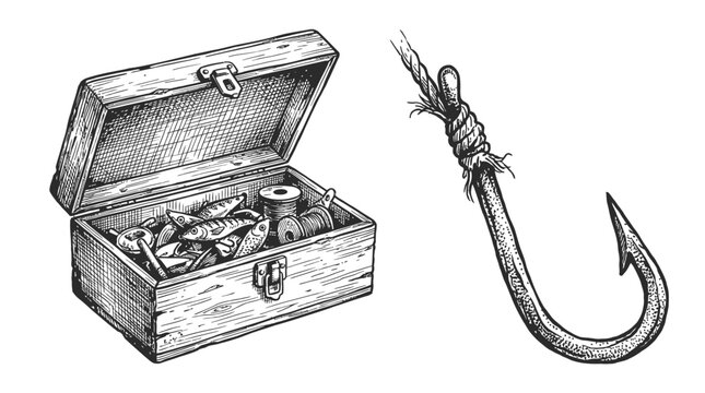 Vintage Fishing Tackle Box with Baits and Hook