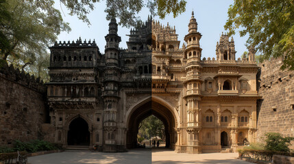 Fototapeta premium Ornate Indian palace gateway with intricate stone carvings, multiple domed towers, and elaborate architectural details. Historic monument featuring Indo-Islamic and Hindu design elements.