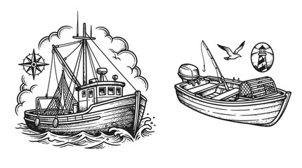 Fishing Boat and Rowboat Illustration - Nautical Theme © MuhammadRafi