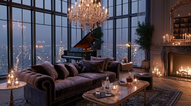 Luxurious high-rise penthouse living room with grand piano, fireplace, and city view at dusk