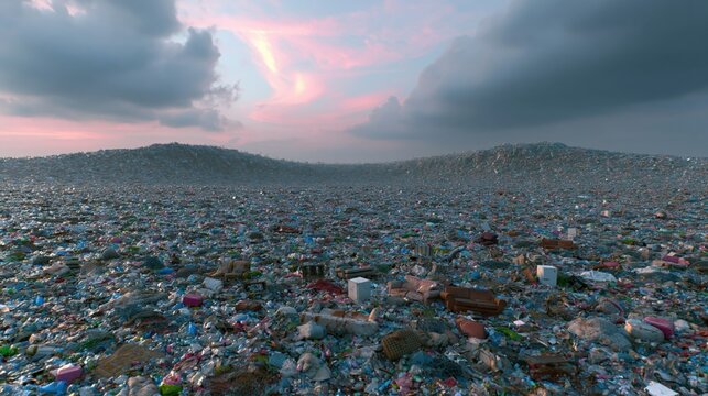 Vast expanse of landfill waste stretching to horizon under dramatic pink and grey sky