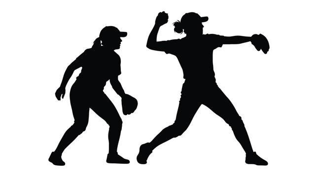 Two Female Softball Players In Action Black Silhouette