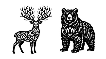 Fototapeta premium Stylized Deer and Bear Ornate Black and White Illustrations