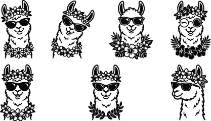 Obraz premium Llamas with flower headbands and sunglasses in aloha style